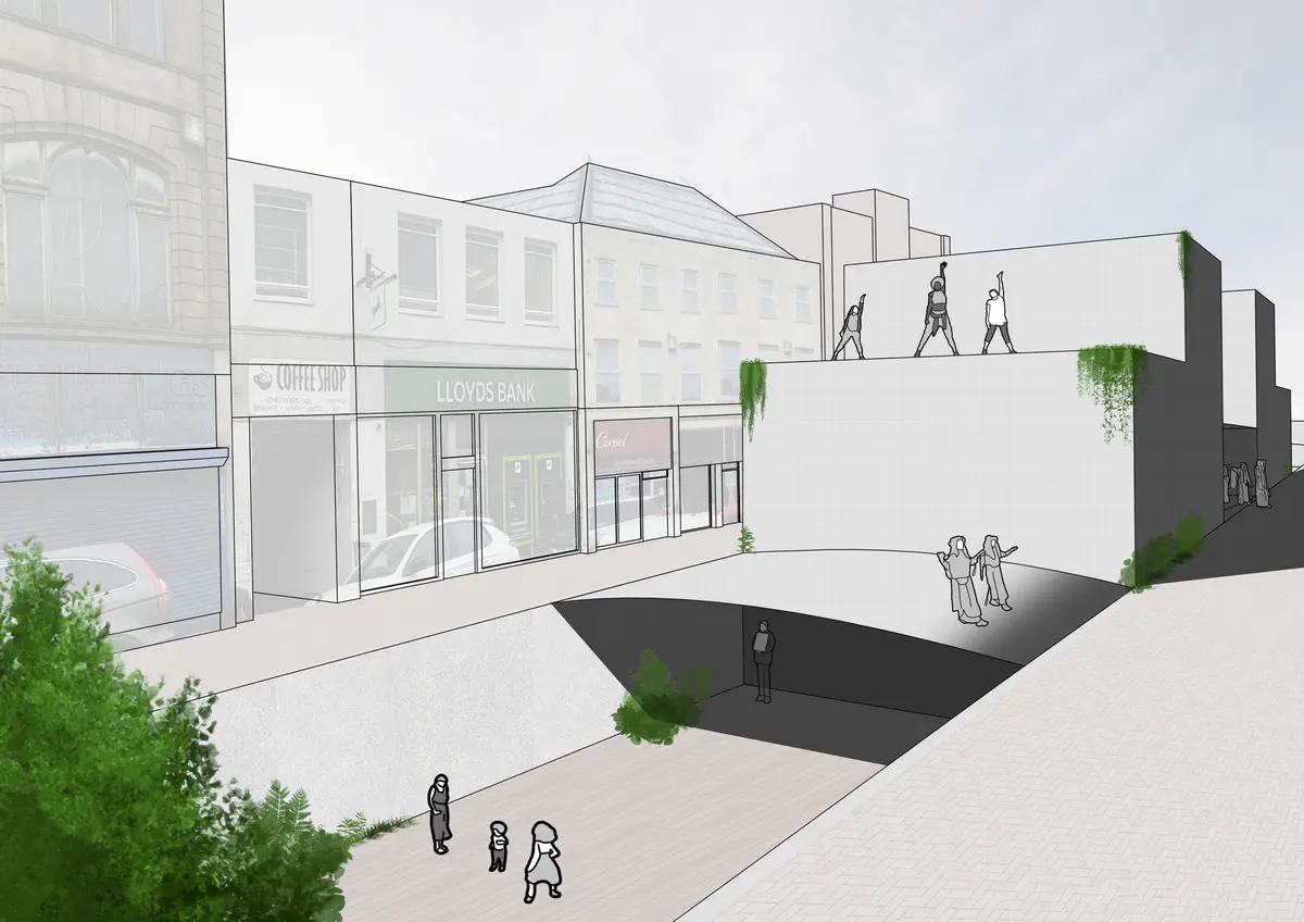 The whole High Street would be dug out to make way for this new kind of “street”. The idea, as stated, is to alter the way that people use this street, so that they can learn about the legacy of Dudley. This would mean that there would be a canopy that sits on top of the cut, that would also act as a means to shelter everything underneath, but would also be made in Dudley to promote local craftsmans. This canopy can then hold something like Theatre Curtains with the history of Dudley presented on them. As you walk through the cut, you go through all the different parts of Dudley’s Legacy - Saxon, Middle Ages, Industrial Revolution, Modern, and you would end the walk on the “Future”. You would start at one end, up by the top church, and as you walk through towards the market place, you would walk through the eras in chronological order. Then, once you exit the tunnel, you would leave the Modern era, and come out into the reclaimed green space, which would represent the future of Dudley’s Legacy. This would be a Miyawaki Forest that would be expanded out through the streets, taking over the spots where cars used to drive, to now benefit Dudley, it’s people, and the world as a whole.

Dudley’s High Street is about 240 metres long, about 9 metres wide, and rises about 8 metres. This would provided a very prominent feature for the High Street if it was dug out and recommissioned.

An added aspect to the dug out street would be that of the canopy that would reside above it. While thinking of the design, two ideas stood out - one that would stand raised, at about the same level as the end of the street, which would create this arcade styled archway that would reside high above the street. The second was having the canopy be flush with the pavement all the way up, except at the end that would then provide a small increase around the steps.

Both ideas serve the same purpose, but provide drastically different means of doing so. - Oscar Law Proposed Design.png